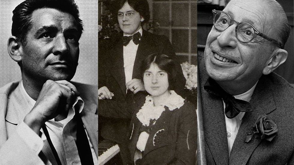 Leonard Bernstein, till vänster, och Igor Stravinskij, till höger, var båda gäster hos Nadia Boulanger, här med systern Lili, mitten, i Gargenville.