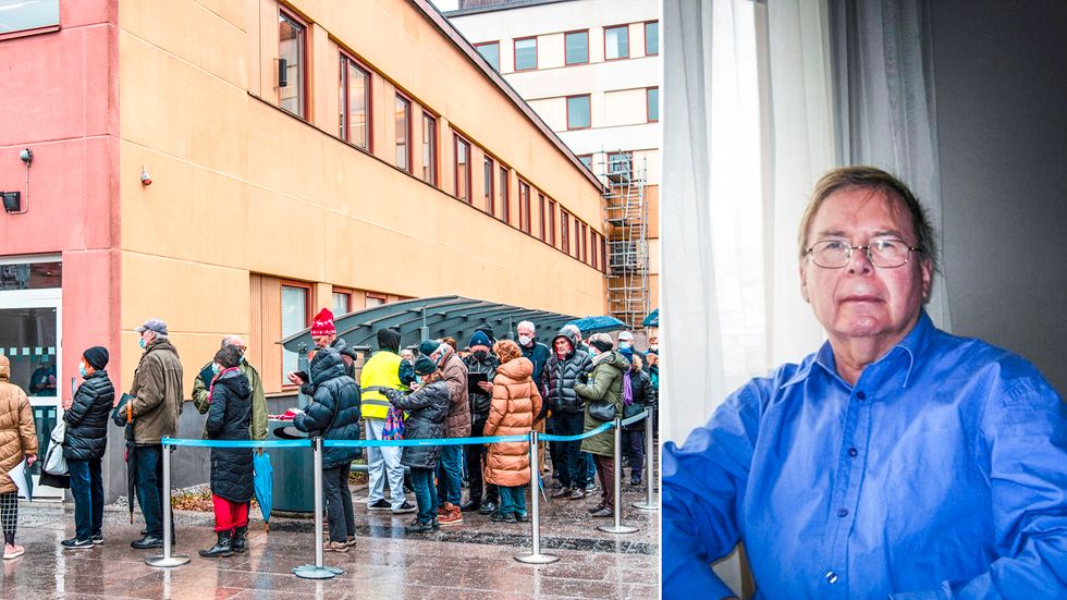 Vaccinationskö vid Sabbatsbergs sjukhus. Bengt Berg, 76, kunde inte boka en tid på grund av att han saknar mobilt bank-id. 