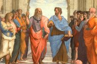 Platon pekar upp mot idéernas värld medan Aristoteles, med ”Den nikomachiska etiken” i sin hand, föredrar att hålla sig nära det praktiska och konkreta. Detalj ur ­Rafaels ”Skolan i Aten”, 1509–11.