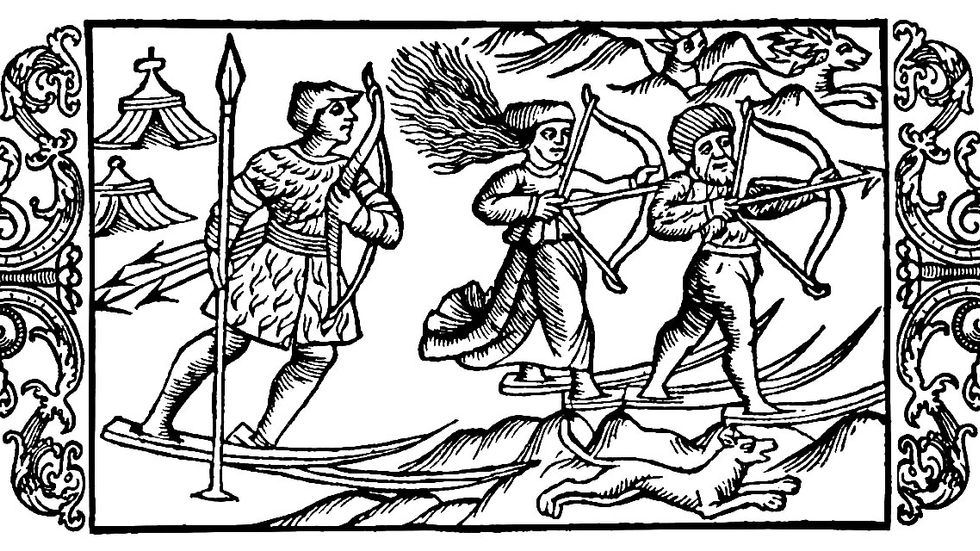 Skidande samer ur Olaus Magnus ”Historia om de nordiska folken” (1555).