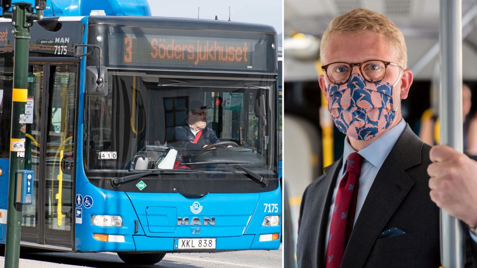 Trafikregionrådet Kristoffer Tamsons (M) använder munskydd när han åker kollektivt.