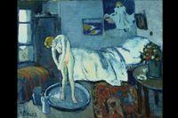 Pablo Picassos tavla Det blå rummet i sitt originalutförande. Bläddra vidare för att följa arbetet med att återskapa den bild som döljer sig under målningen.