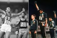 Till vänster: Tommie Smith när han korsar mållinjen och vinner på 200 meter i Mexico 1968. Till höger: Tommie Smith och John Carlos höjer sina knutna nävar i protest mot rasförtrycket i USA.