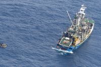 Åtta personer kunde räddas från en drivande gummiflotte i Stilla havet. Sökandet efter fler människor fortsätter.