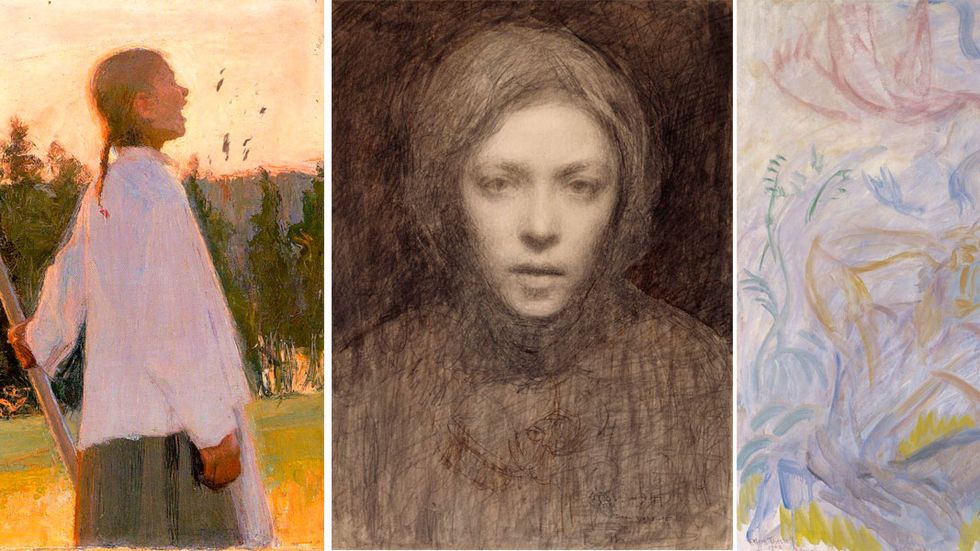 Från realism via symbolism mot färgexpressionism: ”Eko” (1891), självporträtt (1894–95), samt ”Poet” från 1940. 