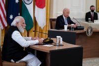 Indiens premiärminister Narendra Modi vid ett möte i Vita huset med USA:s president Joe Biden och de andra ledarna i "the Quad". Arkivbild