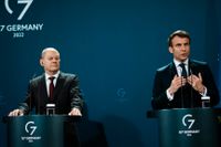Tysklands förbundskansler Olaf Scholz och Frankrikes president Emmanuel Macron under en pressträff i februari.