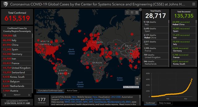 Johns Hopkins-universitet i Baltimore i USA kartlägger virussmittan i världen och Sverige.
