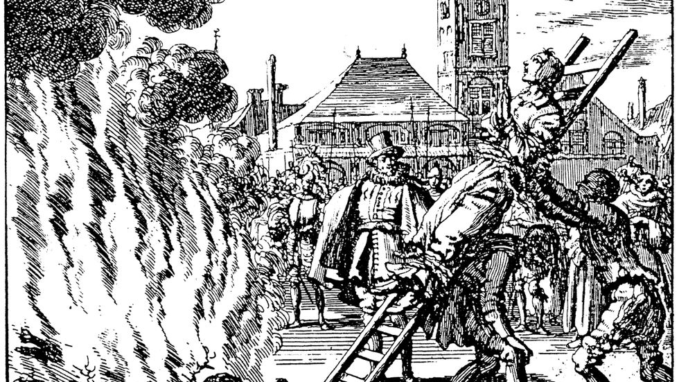 Anne Hendrichs bränns på bål i Amsterdam 1571. Kopparstick av Jean Luyken, 1686.
