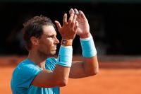 Spanske världsettan Rafael Nadal efter semifinalsegern mot världssexan Juan Martín del Potro, Argentina, i Franska mästerskapen i tennis.