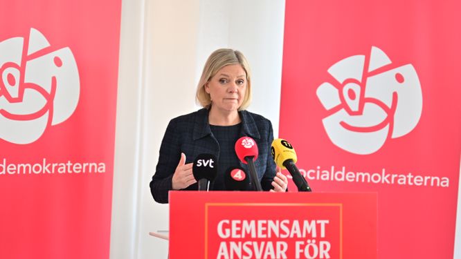 Socialdemokraternas partiledare Magdalena Andersson på pressträff.