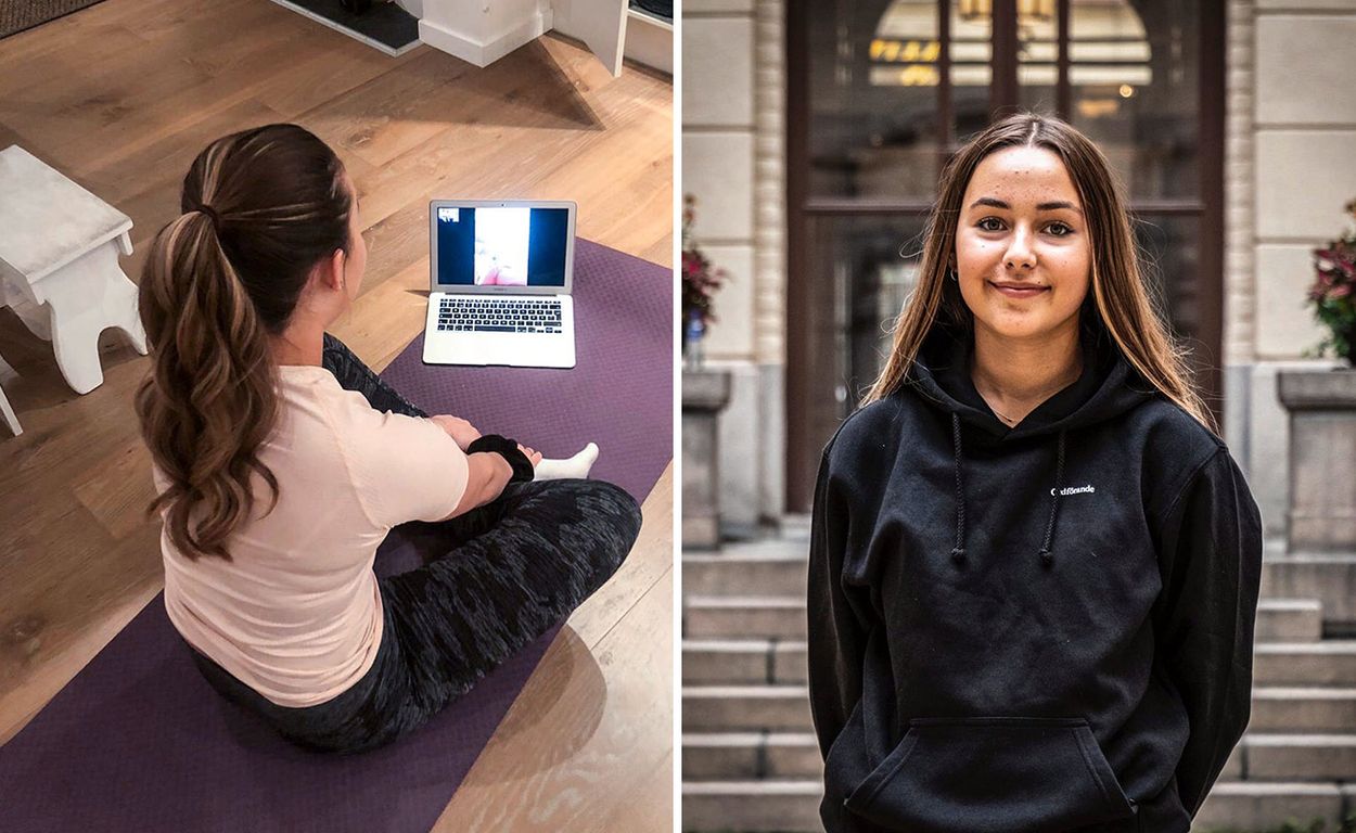 Johanna Sjöholm, 18, yogar med en kompis via Facetime.