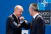 Turkiets president Recep Tayyip Erdogan coronahälsar på Natos generalsekreterare Jens Stoltenberg under  Natotoppmötet i juni 2021.