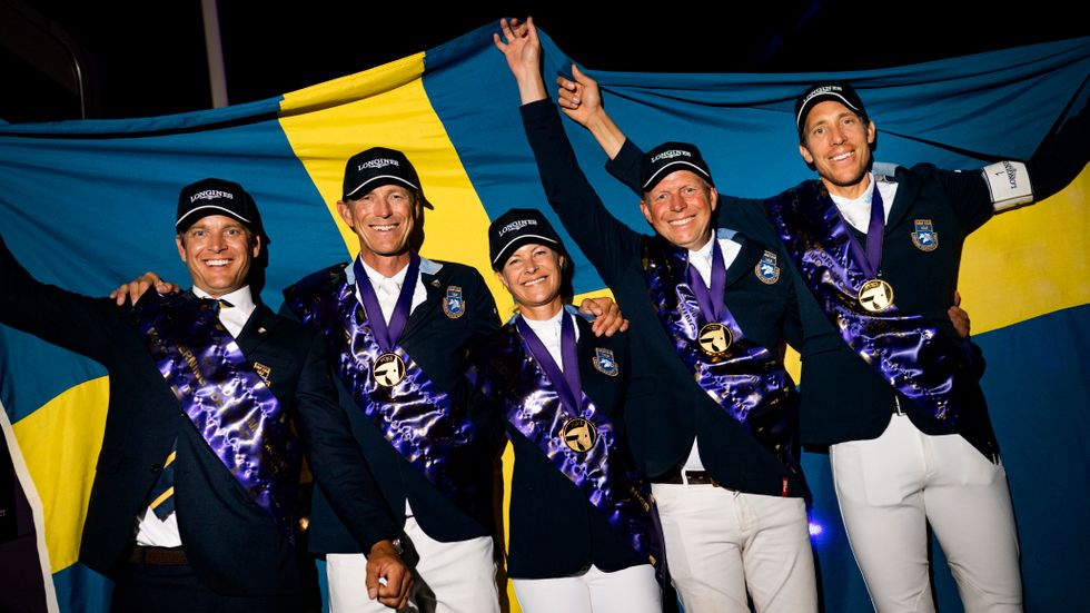 Det VM-guldvinnande hopplandslaget kommer till Sweden International Horse Show. Arkivbild.