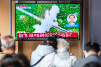 Människor tittar på en nyhetssändning med filmklipp från Nordkoreas missiluppskjutning. Bilden är togs på Seouls järnvägsstation i Sydkorea, den 3 november.