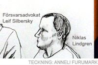 Teckning från rättegången mot Niklas Lindgren.