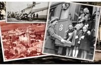 Finska krigsbarn kommer med tåg till Sverige 1945. T v: flygbild över Kotka. Foto: TT, Wikicommons och Alamy. Illustration: Jennifer Dysell