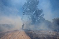 En israelisk brandman försöker släcka en brand som orsakats av en brandballong som skickats från Gaza den 15 juni 2021. Arkivbild.