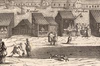 Salubodar i 1600-talets Stockholm, illustration ur Erik Dahlbergs ”Suecia antiqua et hodierna” (detalj).  