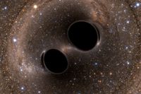 Datorgenererad bild av två svarta hål på väg att kollidera.