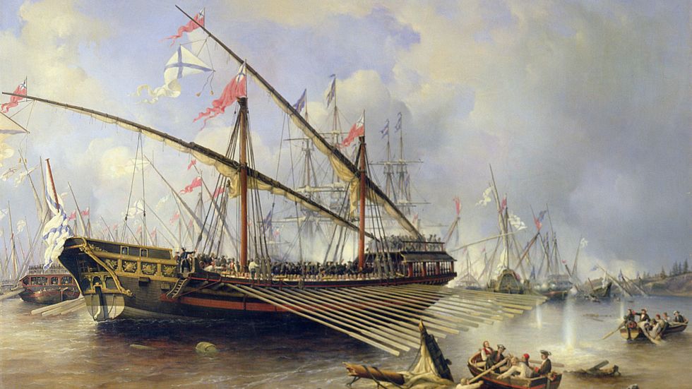 Rysk galär på svenskt vatten, målning av av Ferdinand Perrot. ”Rysshärjningarna” under tidigt 1700-tal stärkte förhandlingsläget mot Sverige. 