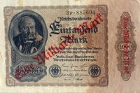 Tysk 1000-markssedel från december 1922 omstämplad till ett värde av en miljard mark.
