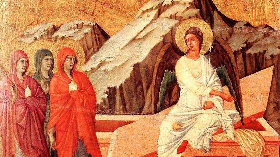 Maria från Magdala och de andra kvinnorna kommer till Jesu grav och finner den öppen och tom.