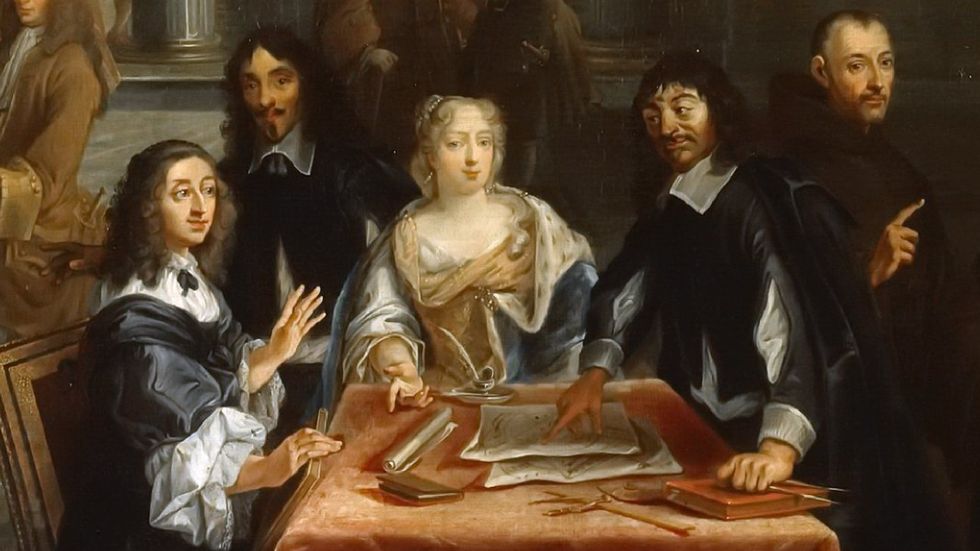 René Descartes i samtal med Sveriges drottning, Kristina. Målning av Pierre Louis Dumesnil. Verket är beskuret.