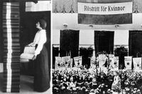 Elin Wägner med de 30 banden med 350 000 underskrifter som samlades in 1913–14 till stöd för kvinnlig rösträtt.  Till höger: Ellen Key håller tal i samband med att kvinnorna i Sverige för allra första gången skulle få gå till valurnorna 1921. 