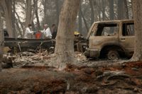 Räddningsarbetare söker efter mänskliga kvarlevor efter Camp fire. Arkivbild