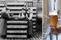 T v: Granskning av flaskor vid Münchenbryggeriet i Stockholm, cirka 1900. T h: Produkttestning vid modernt mikrobyggeri. 