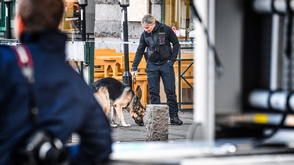 Polisen söker med hund innanför avspärrningarna på Möllevångstorget i Malmö efter en våldtäkt 2018.