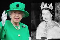 Drottning Elizabeth II satt 70 år på tronen. Den vänstra bilden är från jubileumsfirande och den högra är från hennes första år som drottning. Arkivbild.