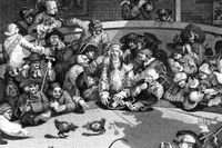 1700-talets brittiska offentlighet var minst lika vild och oreglerad som internet. Utsnitt ur William Hogarths ”Tuppfäktningen”, 1759.