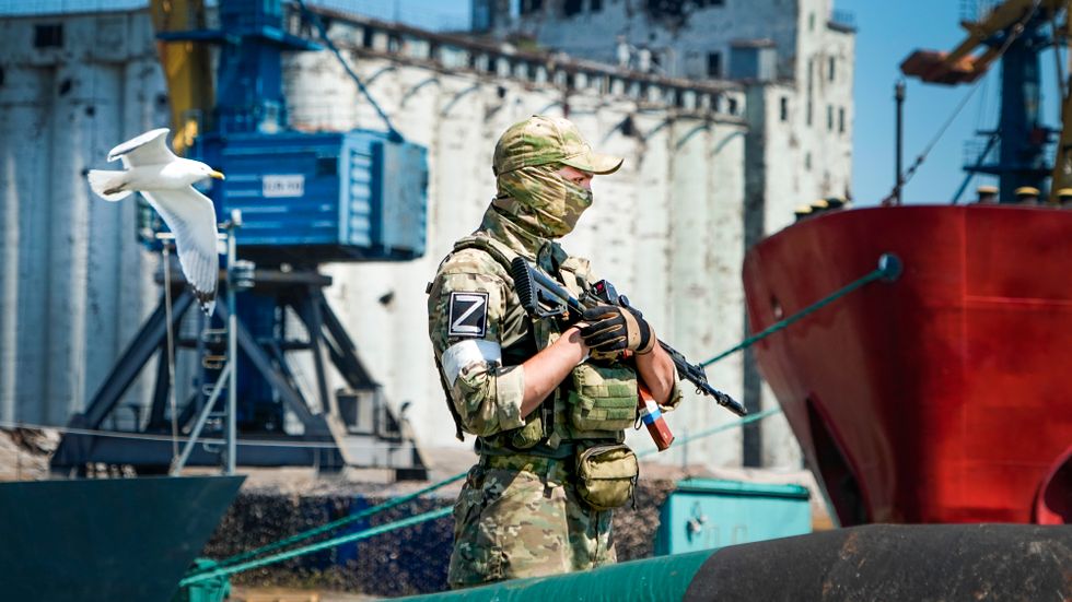 En rysk soldat står vakt vid en spannmålssilo vid den av Ryssland erövrade ukrainska staden Mariupol den 12 juni.
