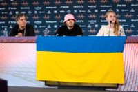 Ukrainas Kalush Orchestra på presskonferensen efter finalen i Eurovision Song Contest. Arkivbild.