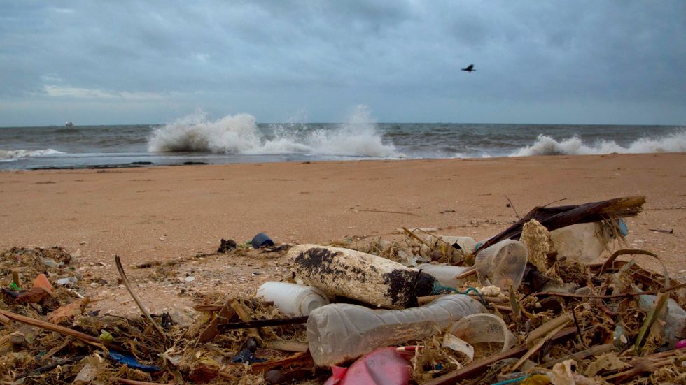 En vanlig syn på världens stränder, i det här fallet Uswetakeiyawa norr om Sri Lankas huvudstad Colombo: En plastflaska och annat avfall som naturen har svårt att bryta ned.