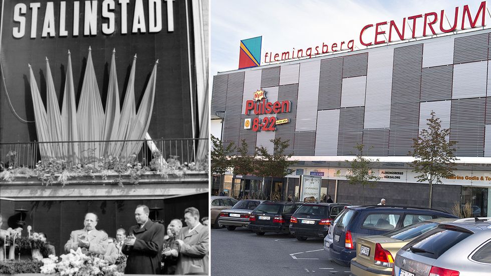 Vid namngivningen av ”den socialistiska staden” Stalinstadt den 7 maj 1953 deltog DDR:s politiske ledare Walter Ulbricht och den sovjetiske ambassadören Ivan Iljitsjov. Åtta år senare bytte staden namn till Eisenhüttenstadt. Till höger: Flemingsberg i Huddinge ska byta namn till Stockholm South Business District.