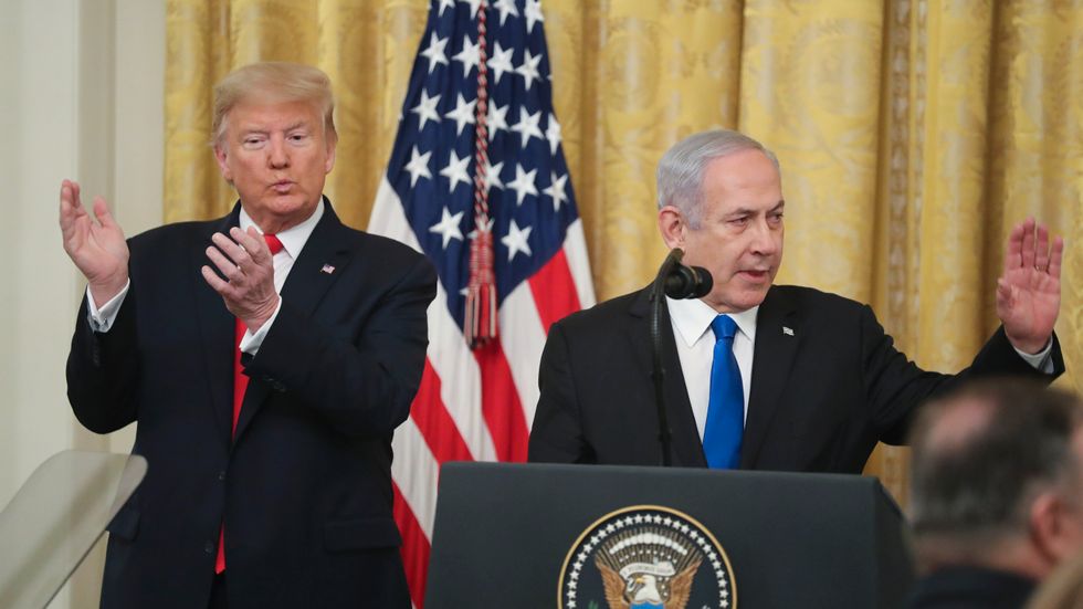 Presskonferens i Vita huset med USA:s president Donald Trump och Israels premiärminister Benjamin Netanyahu den 28 januari i år. 