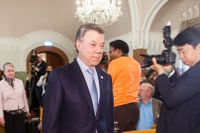 Fredspristagaren Juan Manuel Santos höll presskonferens i Oslo på fredagen.