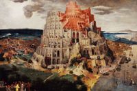 Hur har den språkliga mångfalden i världen uppstått? Om detta resonerar Sverker Johansson i ”På vandring i språkens fotspår”. Bilden: ”Babels torn” av Pieter Brueghel den yngre. 