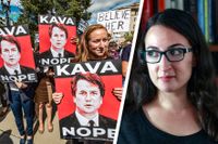Protester i september 2018 inför Brett Kavanaughs inval i USA:s högsta domstol, då anklagelser om sexuella övergrepp riktades mot honom. T h Kate Manne, filosof vid amerikanska Cornell University.