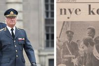 Kung Carl Gustaf under dagens firande. Till höger: SvD när han tillträdde som kung 1973. Fler exempel ur SvD arkiv längre ner i artikeln.