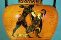 Akilles dödar amasondrottningen Penthesileia i det trojanska kriget på en grekisk vas från cirka 530 f Kr.