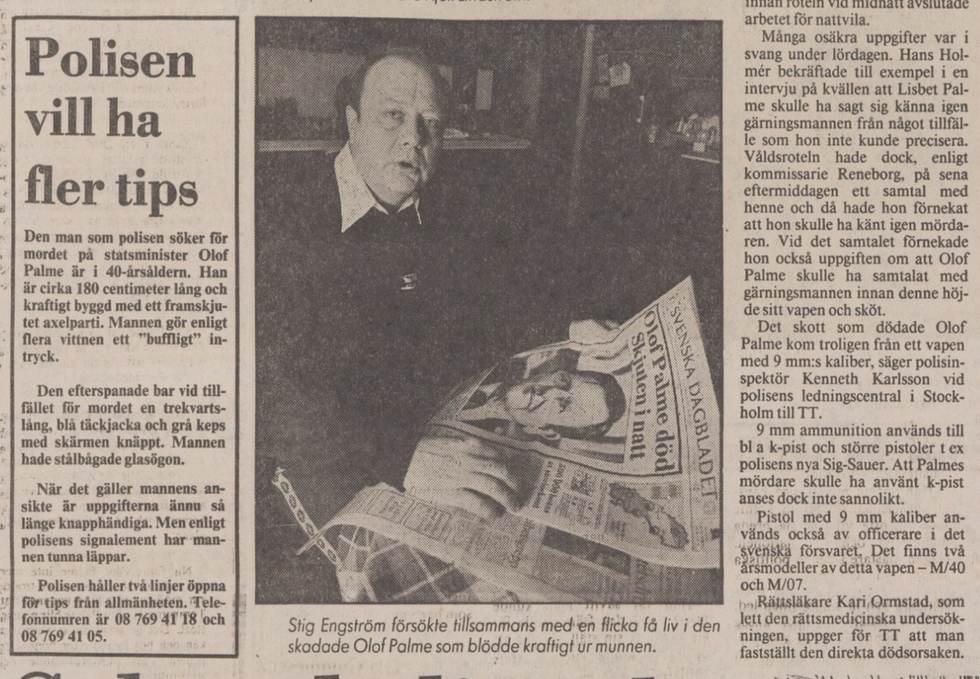 Stig Engström läser tidningen den 1 mars 1986 – artikeln är publicerad dagen efter, den 2 mars.