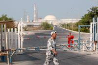 En iransk säkerhetsvakt utanför kärnkraftsverket Bushehr. Arkivbild.
