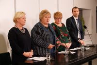 Fremskrittspartiets Siv Jensen, statsminister Erna Solberg (Høyre), Venstres Trine Skei Grande och Kristelig Folkepartis viceledare Kjell Ingolf Ropstad.