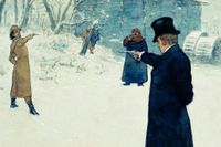 En utmaning som heter duga: pistolduell ur Aleksandr Pusjkins roman ”Eugen Onegin”, målning av Ilja Repin. 