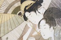 Japanskt tryck från Edoperioden av Kitagawa Utamaro (1754–1806), som föreställer två kvinnor som söker skydd under ett parasoll. 