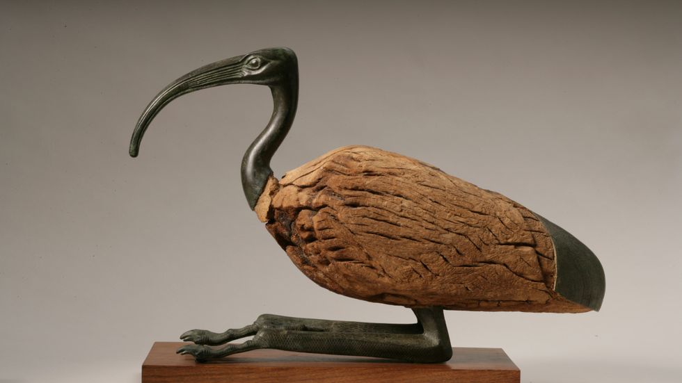 En ibisskulptur i brons och sten från den egyptiska sentiden, ca 664-332 f Kr.